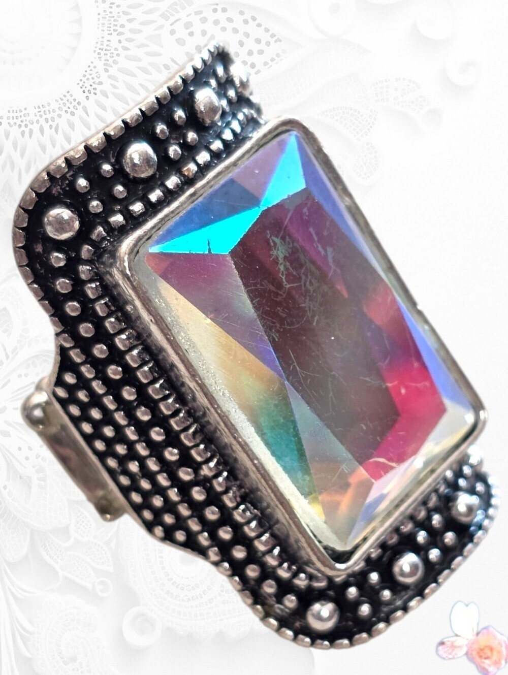 Mystic Rainbow Crystal Rectangle Statement Ring Silver Tone Size 8